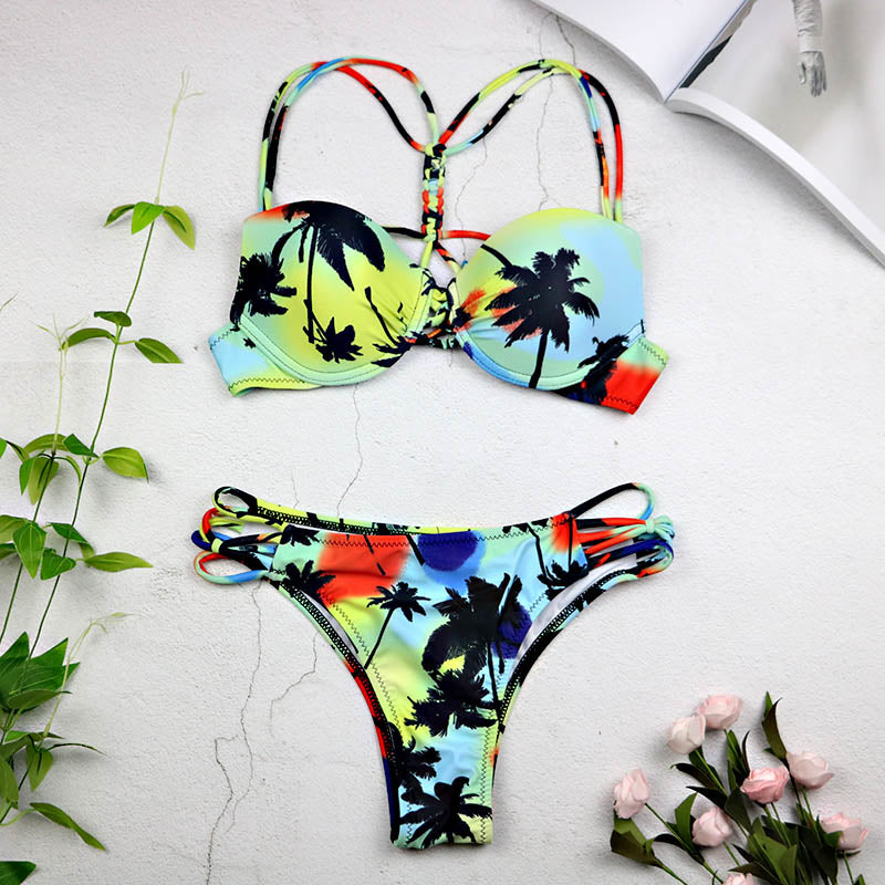 Leaf Print Halter Bikini Set